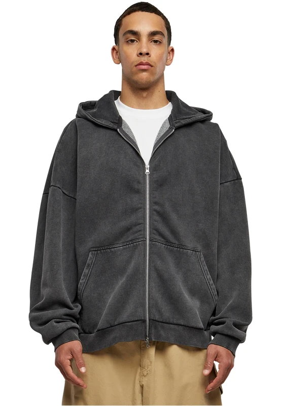 Urban Classics Men's Heavy Sand Washed 90's Zip Hoody, Hooded Sweatshirt for Men, Available in Many, Sizes S - 5XL, black, XXL