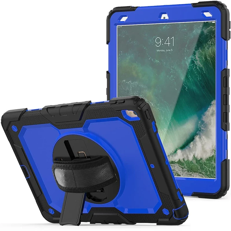 Case for iPad pro 10.5 2017/iPad air 3 10.5 2019 with 360 degree rotatable Folding stand,Trendy Shockproof case with Wrist Strap and Shoulder Strap, Black+Blue