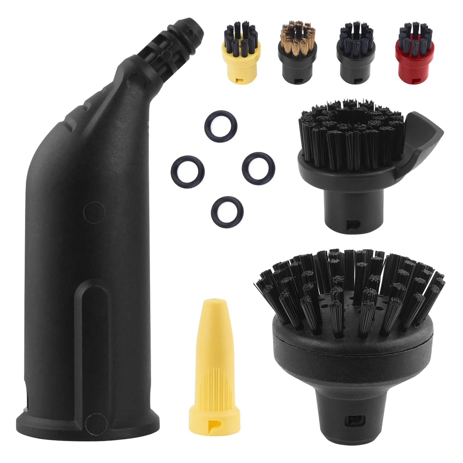 Wiseten Round Brush Set and Mouthpiece Nozzle for Kärcher Steam Cleaner Accessories SC1 SC2 SC3 SC4 SC5, Black Extended Nozzle, Large Round Brush Replacement Parts with 4 Small Round Brushes