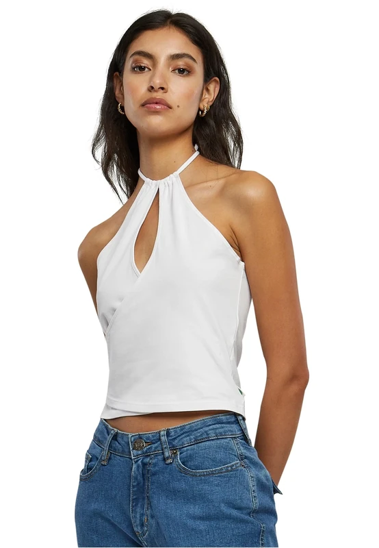 Urban Classics Women's Ladies Short Wraped Halterneck Top Cami Shirt, White, XL