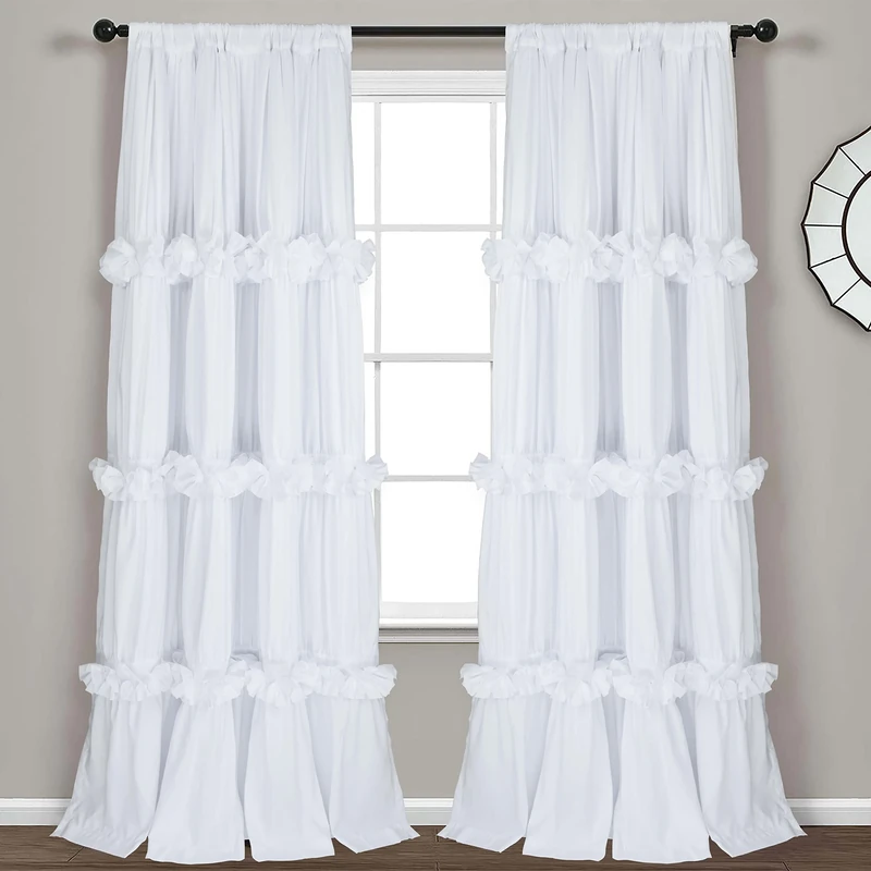 Homechoice Decor Thermal Insulated Blackout Window Curtains, 54" W x 84" L x 2 Panels, Boho Ruched Window Treatments with 3 Rows of Butterfly Flowers, Rustic Rod Pocket Drapes for Room, White (LQ-30)
