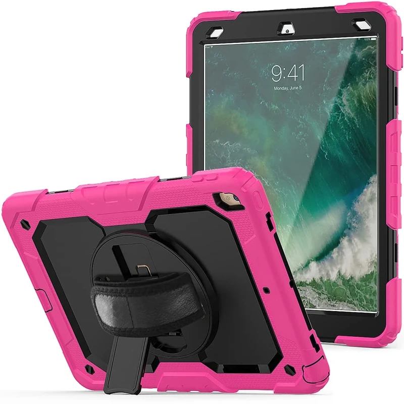 Case for iPad pro 10.5 2017/iPad air 3 10.5 2019 with 360 degree rotatable Folding stand,Trendy Shockproof case with Wrist Strap and Shoulder Strap, Rose