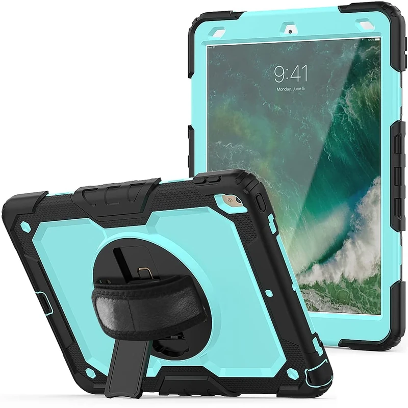 Case for iPad pro 10.5 2017/iPad air 3 10.5 2019 with 360 degree rotatable Folding stand,Trendy Shockproof case with Wrist Strap and Shoulder Strap, Black+Pale Blue
