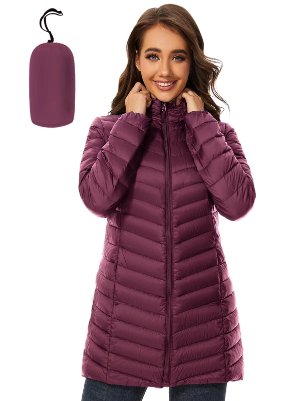 ANOTHER CHOICE Women Puffer Jacket Hooded Warm Lightweight Packable Quilted Puffer Coat Outwear, Wine, S