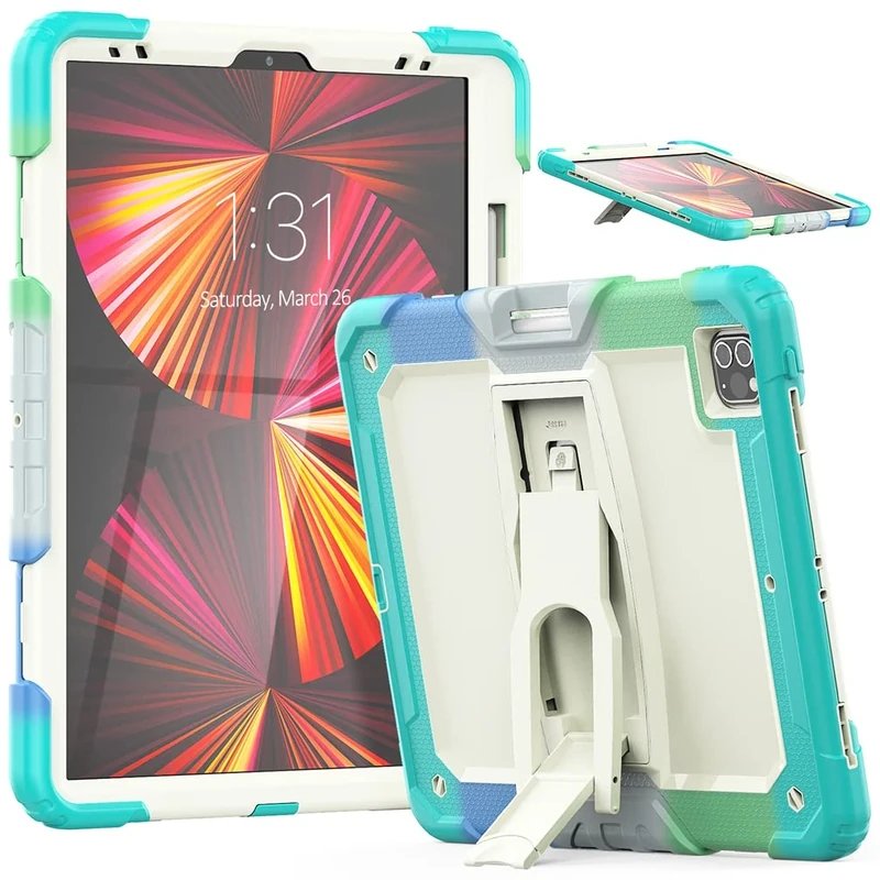 Case Compatible with iPad Pro 5/4/3 Generation 12.9 Inch 2021/2020/2018 with pencil holder, Heavy Duty Rugged Shockproof Protective Case with Invisible Kickstand, Camouflage Blue