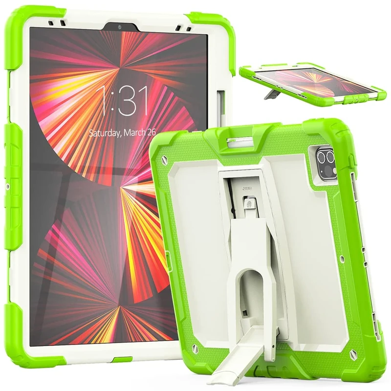 Case Compatible with iPad Pro 5/4/3 Generation 12.9 Inch 2021/2020/2018 with pencil holder, Heavy Duty Rugged Shockproof Protective Case with Invisible Kickstand, Beige+Yellow-green