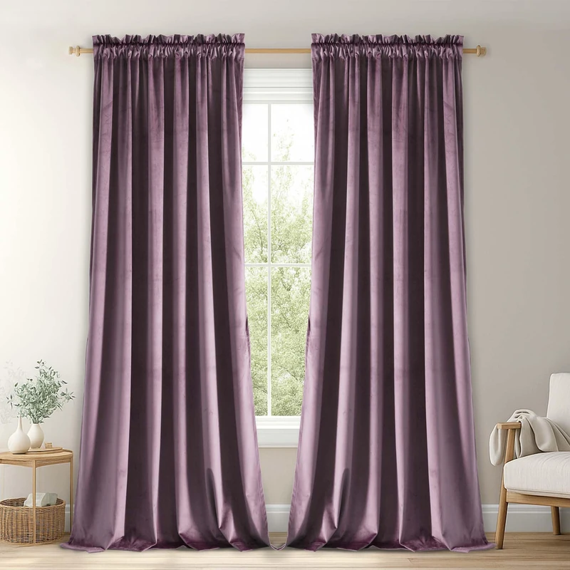 JIUZHEN Lavender Velvet Curtains 108 Inch Long Soft Retro Velvet Blackout Thermal Insulated & Noise Reducing Rod Pocket Curtains for Living Room, 70W x 108L, 2 Panels with Tiebacks