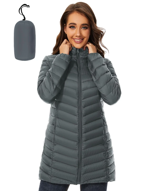 ANOTHER CHOICE Women Puffer Jacket Hooded Warm Lightweight Packable Quilted Puffer Coat Outwear, Deep Grey, XXL