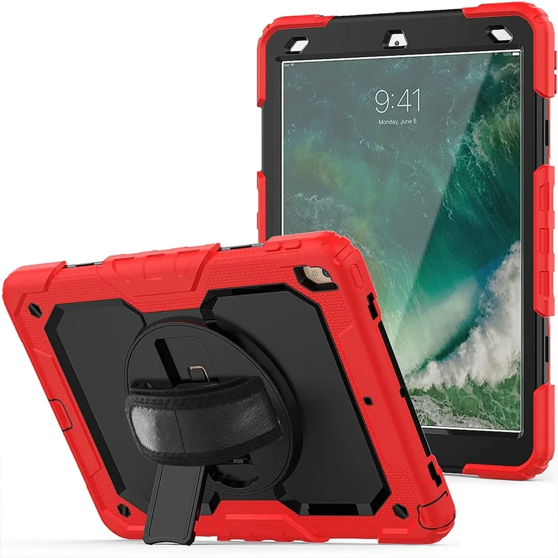 Case for iPad pro 10.5 2017/iPad air 3 10.5 2019 with 360 degree rotatable Folding stand,Trendy Shockproof case with Wrist Strap and Shoulder Strap, Red