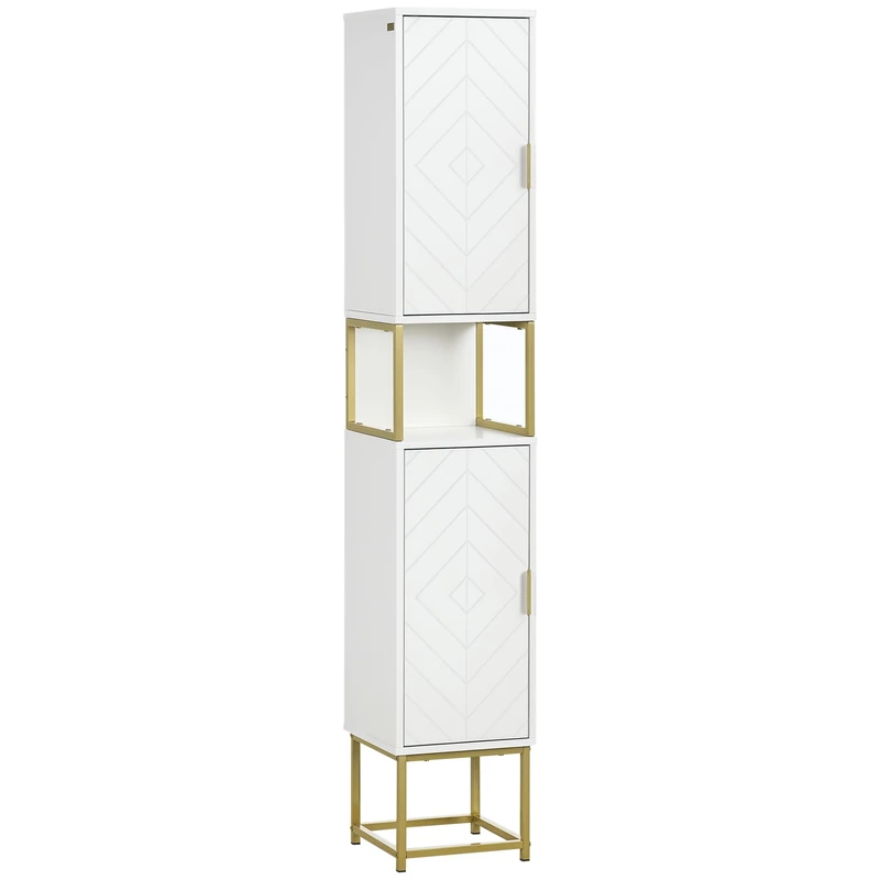 kleankin Narrow Bathroom Storage Cabinet, Freestanding Tallboy Storage Unit with Adjustable Shelf, 2 Doors and Steel Base, Slim Corner Organizer, White