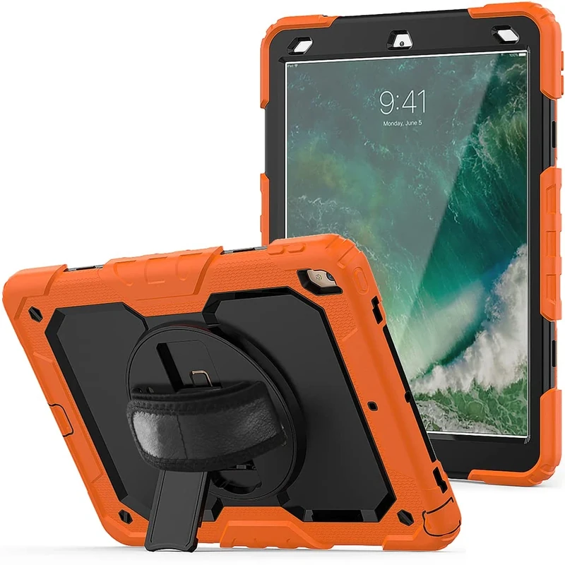 Case for iPad pro 10.5 2017/iPad air 3 10.5 2019 with 360 degree rotatable Folding stand,Trendy Shockproof case with Wrist Strap and Shoulder Strap, Orange