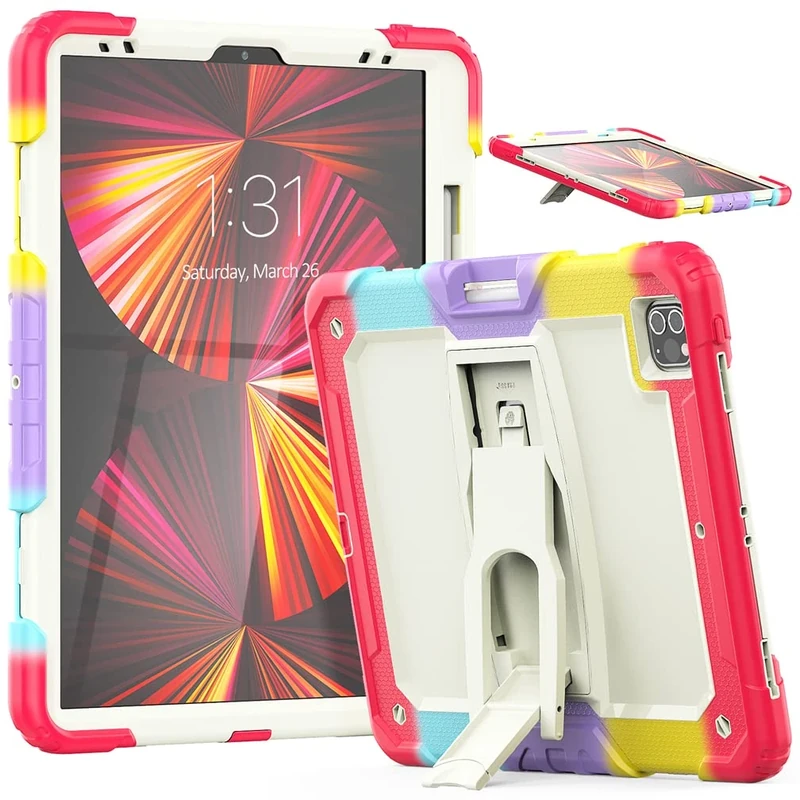 Case Compatible with iPad Pro 5/4/3 Generation 12.9 Inch 2021/2020/2018 with pencil holder, Heavy Duty Rugged Shockproof Protective Case with Invisible Kickstand, Camouflage Red