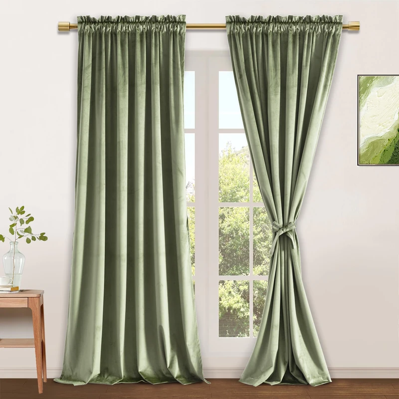 JIUZHEN Velvet Curtains 90 inches - Sage Green Room Darkening Rod Pocket Noise Reducing Window Curtains for Bedroom Living Room Patio Door, 52W x 90L, 2 Panels, Sage Green