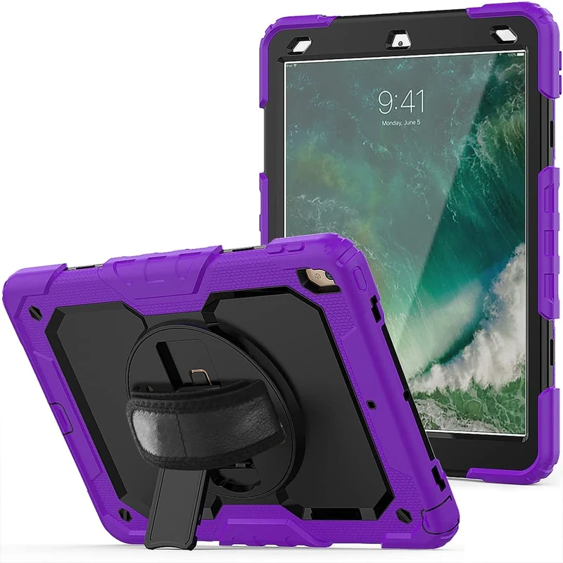 Case for iPad pro 10.5 2017/iPad air 3 10.5 2019 with 360 degree rotatable Folding stand,Trendy Shockproof case with Wrist Strap and Shoulder Strap, Purple