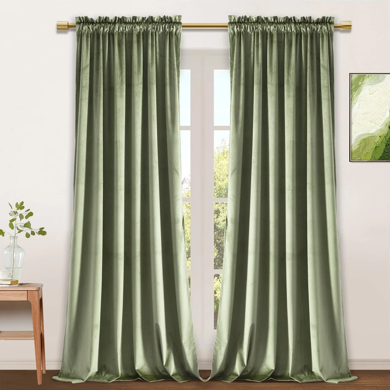 JIUZHEN Velvet Curtains 108 inches - Sage Green Room Darkening Privacy Rod Pocket Window Curtains for Bedroom Living Bedroom Patio Door, 70W x 108L, 2 Panels with Tiebacks