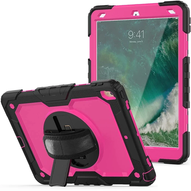 Case for iPad pro 10.5 2017/iPad air 3 10.5 2019 with 360 degree rotatable Folding stand,Trendy Shockproof case with Wrist Strap and Shoulder Strap, Black+Rose