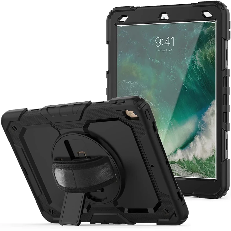 Case for iPad pro 10.5 2017/iPad air 3 10.5 2019 with 360 degree rotatable Folding stand,Trendy Shockproof case with Wrist Strap and Shoulder Strap, Black