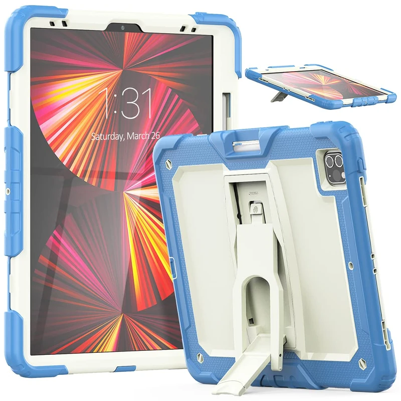 Case Compatible with iPad Pro 5/4/3 Generation 12.9 Inch 2021/2020/2018 with pencil holder, Heavy Duty Rugged Shockproof Protective Case with Invisible Kickstand, Beige+Cyan Blue