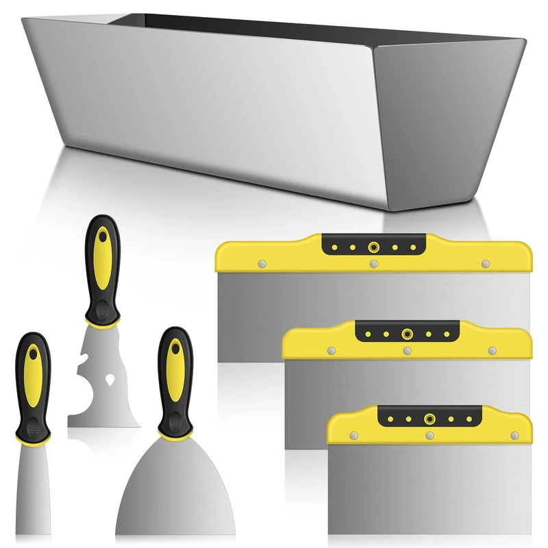 suokoun Wallpaper Scraper Set, 7 Pieces Stainless Steel Drywall Hand Tool Kit Includes Taping Putty Tool and 12" Mud Pan with Soft Grip Handle for Drywall Work