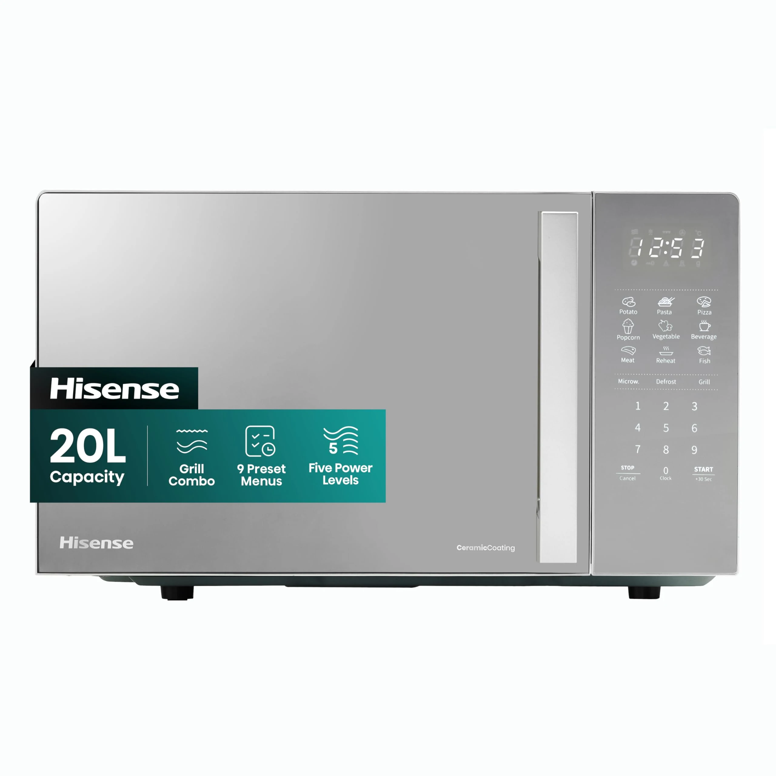 Hisense 700 Watts 20 Litre Silver Digital Solo Microwave Oven With 800W Grill H20MOMSS4HGUK Automatic Defrost, 9 Auto Cook Menus, Clock & Timer, Easy Clean