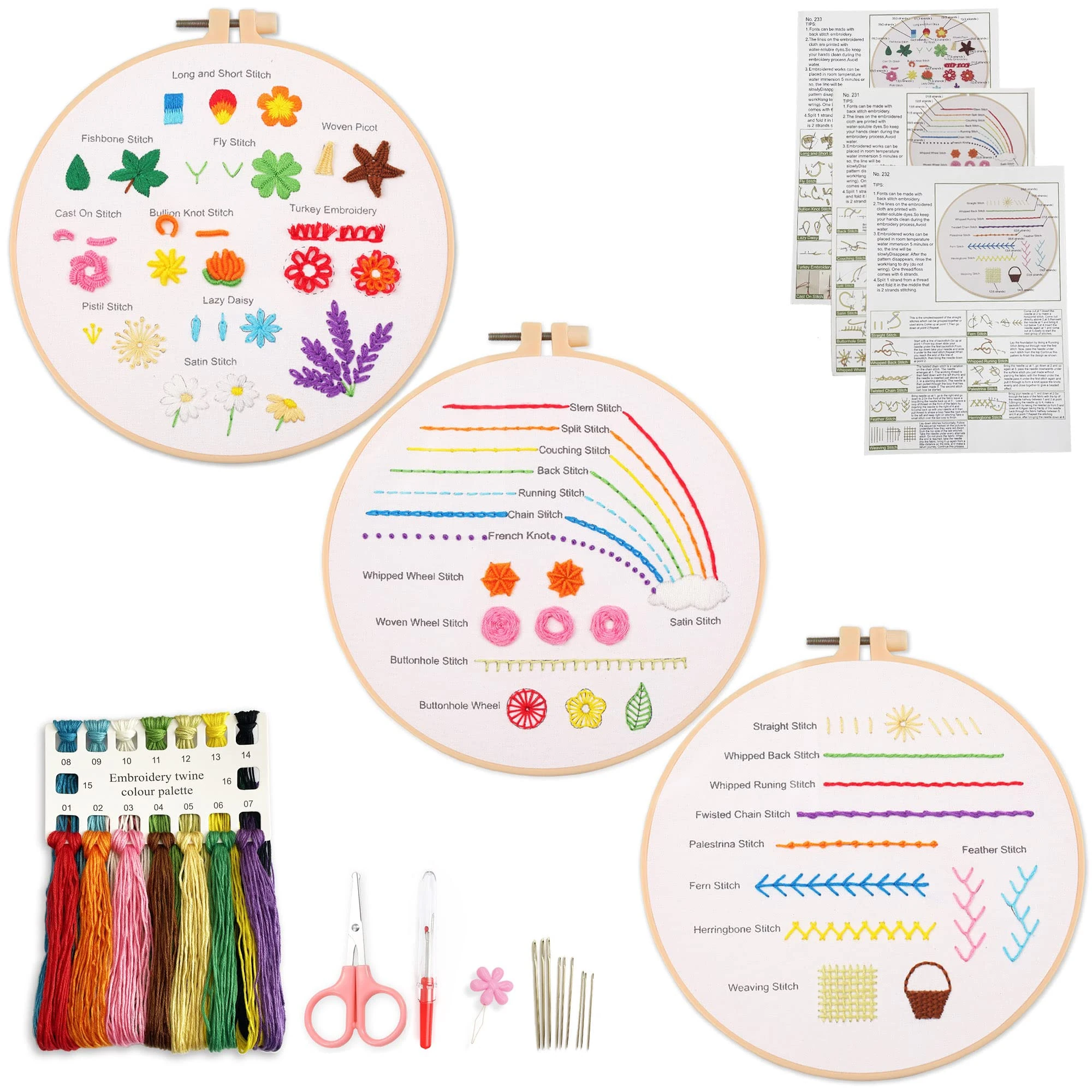 Myfilicity Embroidery Beginners Stitch Practice kit, 3 Embroidery Starter Kits, Learn 30 Different Stitching Techniques for Craft Enthusiasts to Hand-Stitch Fabric and Learn Embroidery Skills