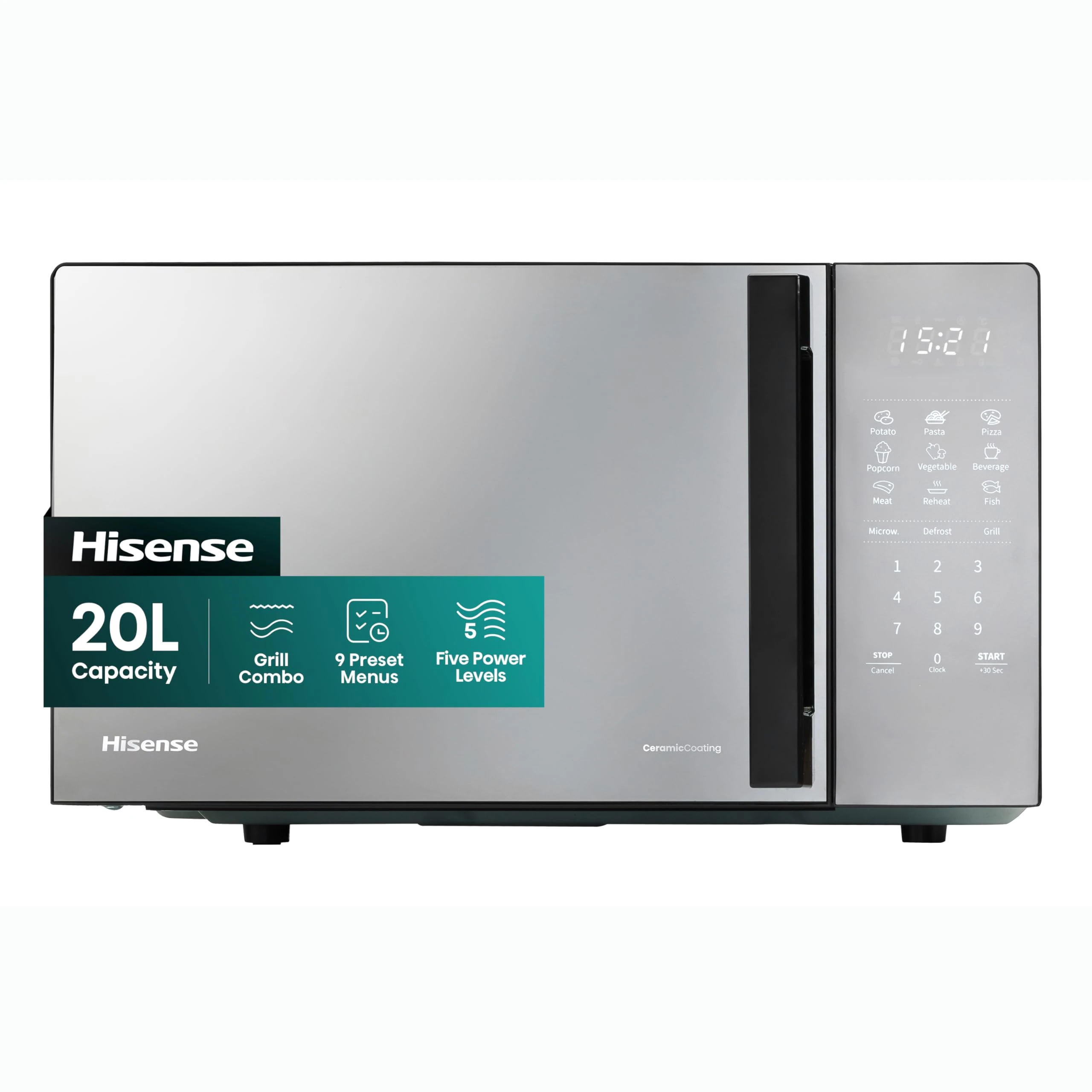 Hisense 700 Watts 20 Litre Black Digital Solo Microwave Oven With 800W Grill H20MOMBS4HGUK Automatic Defrost, 9 Auto Cook Menus, Clock & Timer, Easy Clean