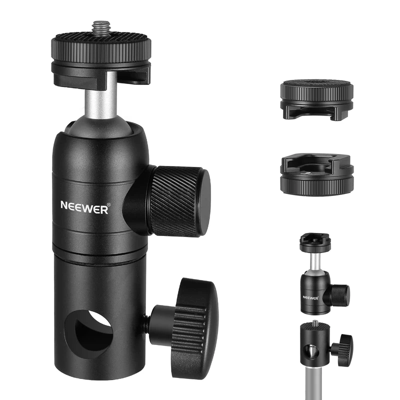 NEEWER 2 Pack Light Stand Mount Adapter with Cold Shoe, 1/4" Screw Mini Ball Head, Reversible Mount Plate for Camera Monitor Ring Light, Fits Flat Head/Boom arm/C Stand, Max Load 22lb/10kg