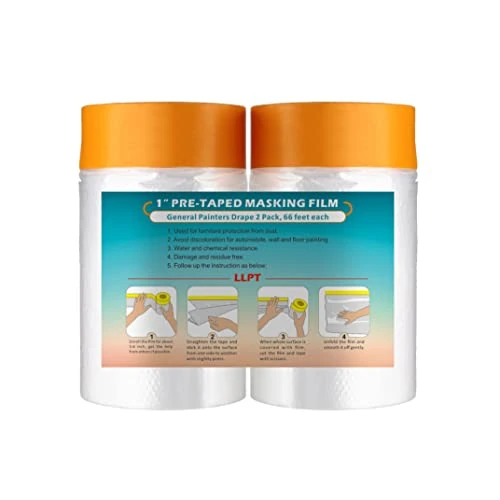 LLPT Tape and Drape 25.6”(Unfolded) x 66 Ft Each 2 Pack Pre-Taped Masking Film 2.4 Mil Painters Plastic Drop Cloth for Auto Wall Furniture Painting Protection (MFT652)