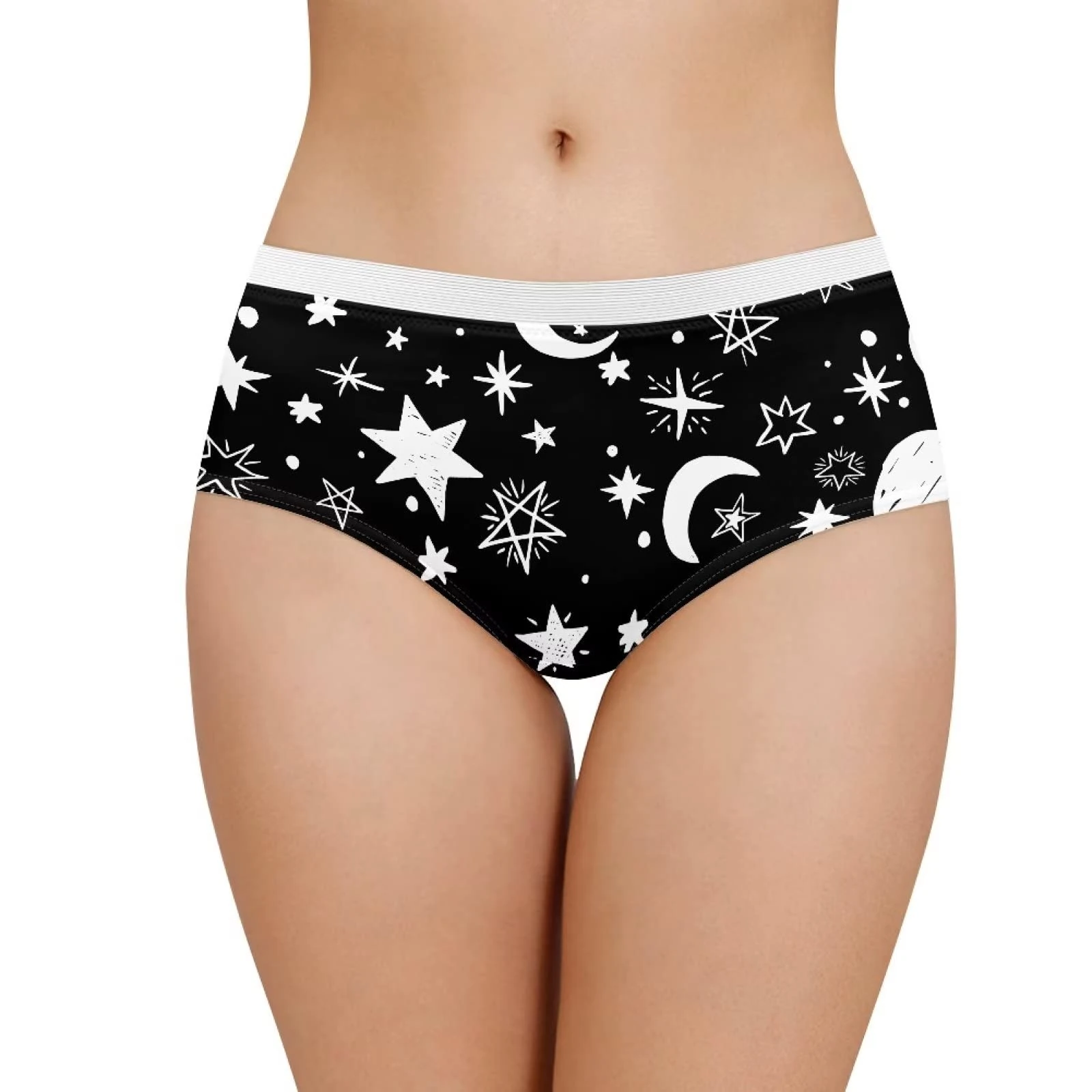 Xoenoiee Moon Stars Pattern Sexy Black Panties for Women Naughty Underwear with White Lace Comfortable Polyester Briefs Bikini Knickers Briefs, M