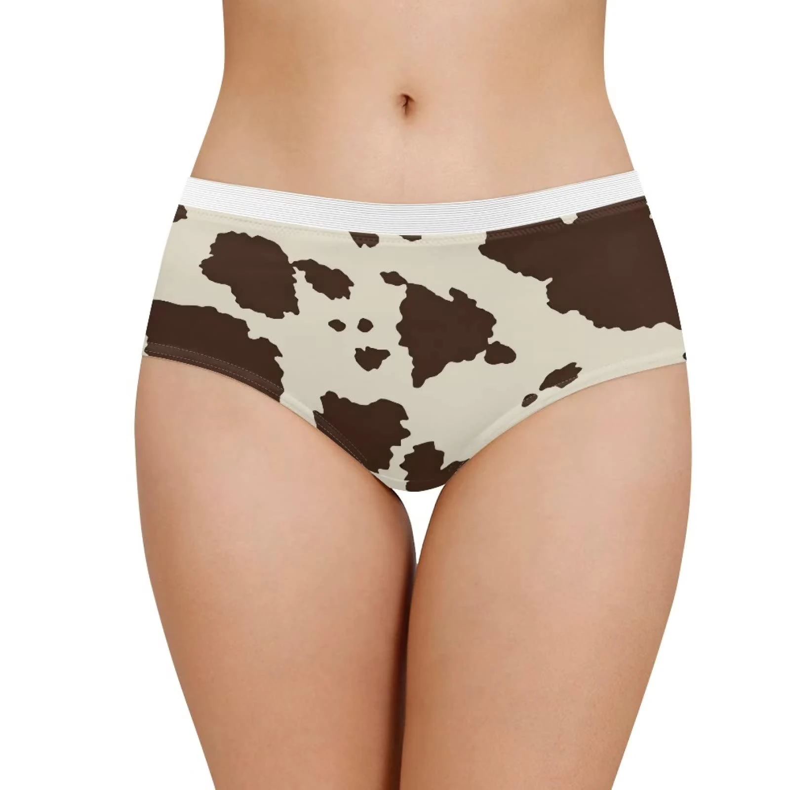 Xoenoiee Brown Cow Spots Print Girl Underwear with White Lace, Polyester Women Seamless Underwear No Show Panties Soft Stretch Briefs, M