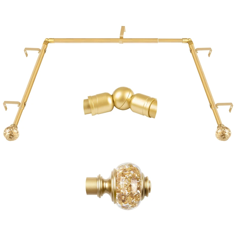 3/4 Inch Gold Bay Window Curtain Rods, USFOOK Telescoping Curtain Rods for Bay Windows 36-72 Inch (Center Rod), 20-36 Inch (Side Rods) with Translucent Finials