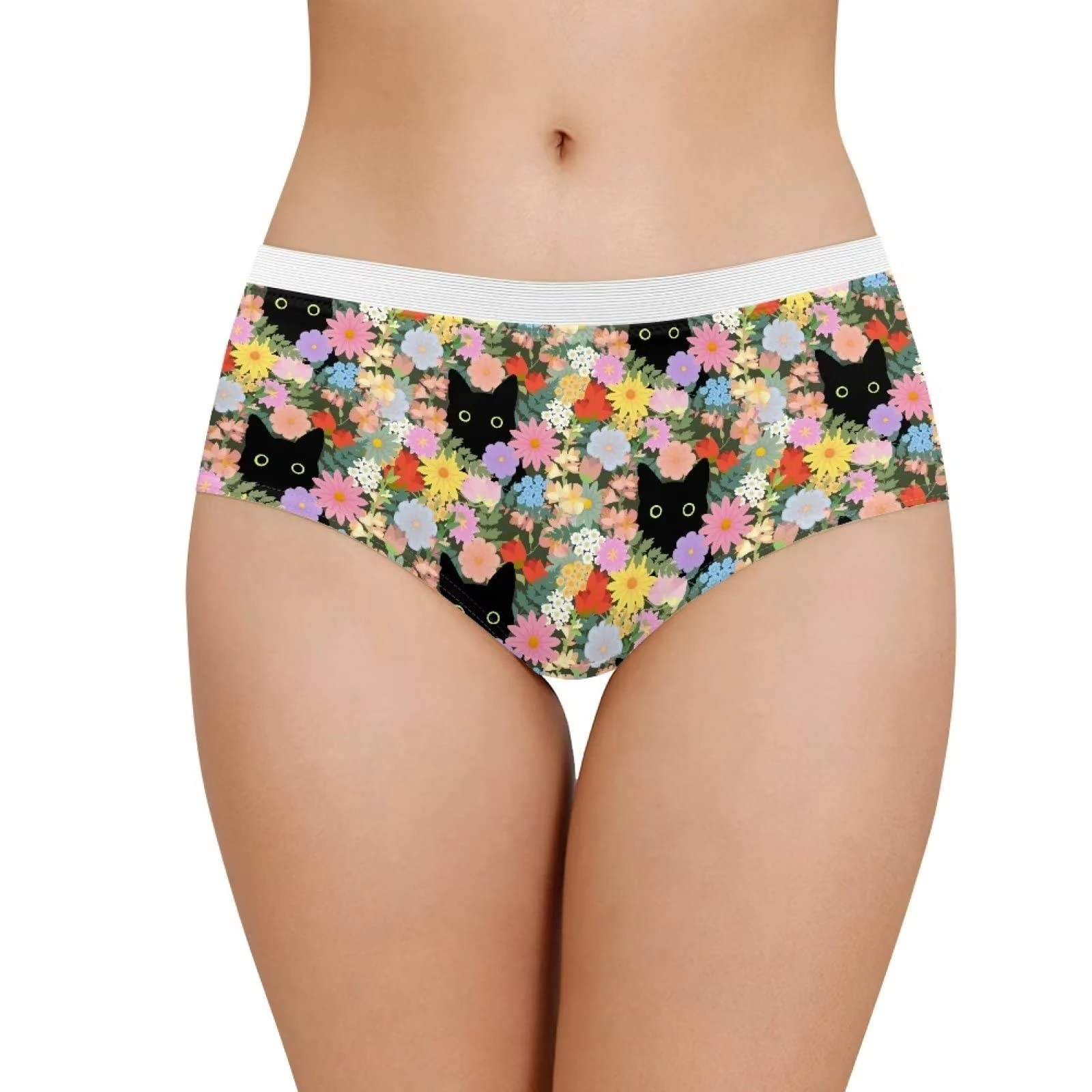 Xoenoiee Cats and Flowers Pattern Womens Girl Polyester Cotton Double-Layer Crotch Panties with White Lace, Moisture-Wicking High-Cut Brief Underwear, M