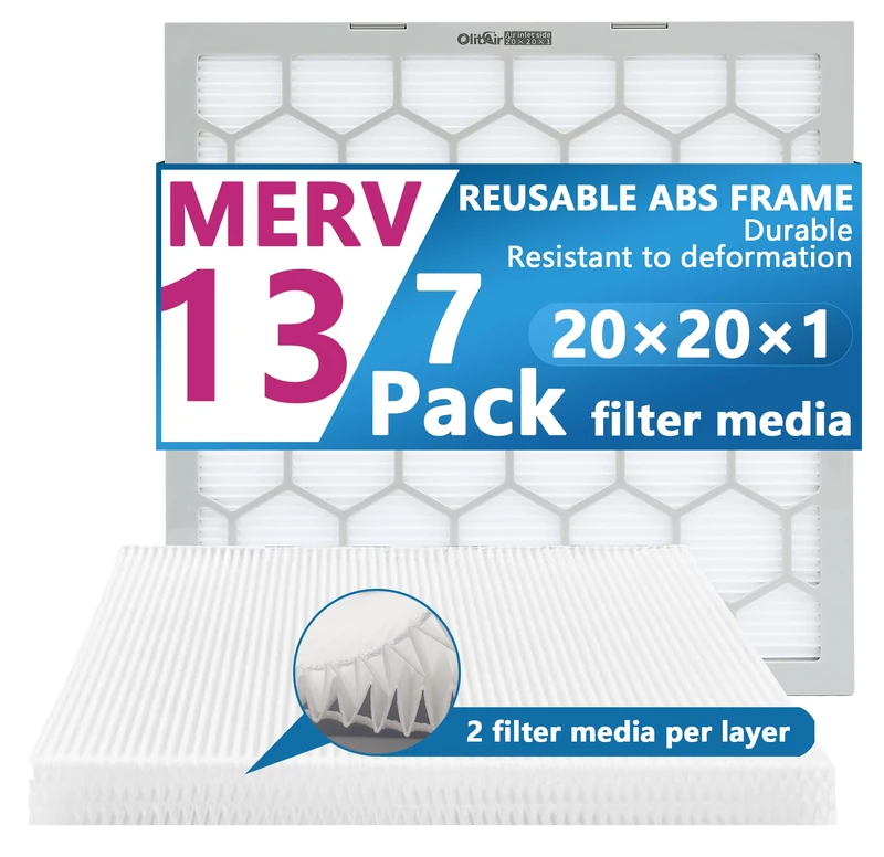 OlitAir 20x20x1 MERV 13 Air Filter,AC Furnace Air Filter,Reusable ABS Plastic Frame, 7 Pack Replaceable Filter Media (Actual Size: 19 3/4" x 19 3/4" x 3/4")