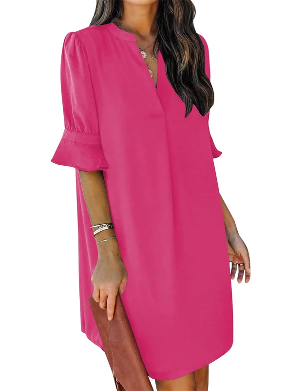 QACOHU Summer Dresses for Women V Neck Ruffle Short Sleeve Casual Shift Dress, A0-ROSEO, S - Image 1