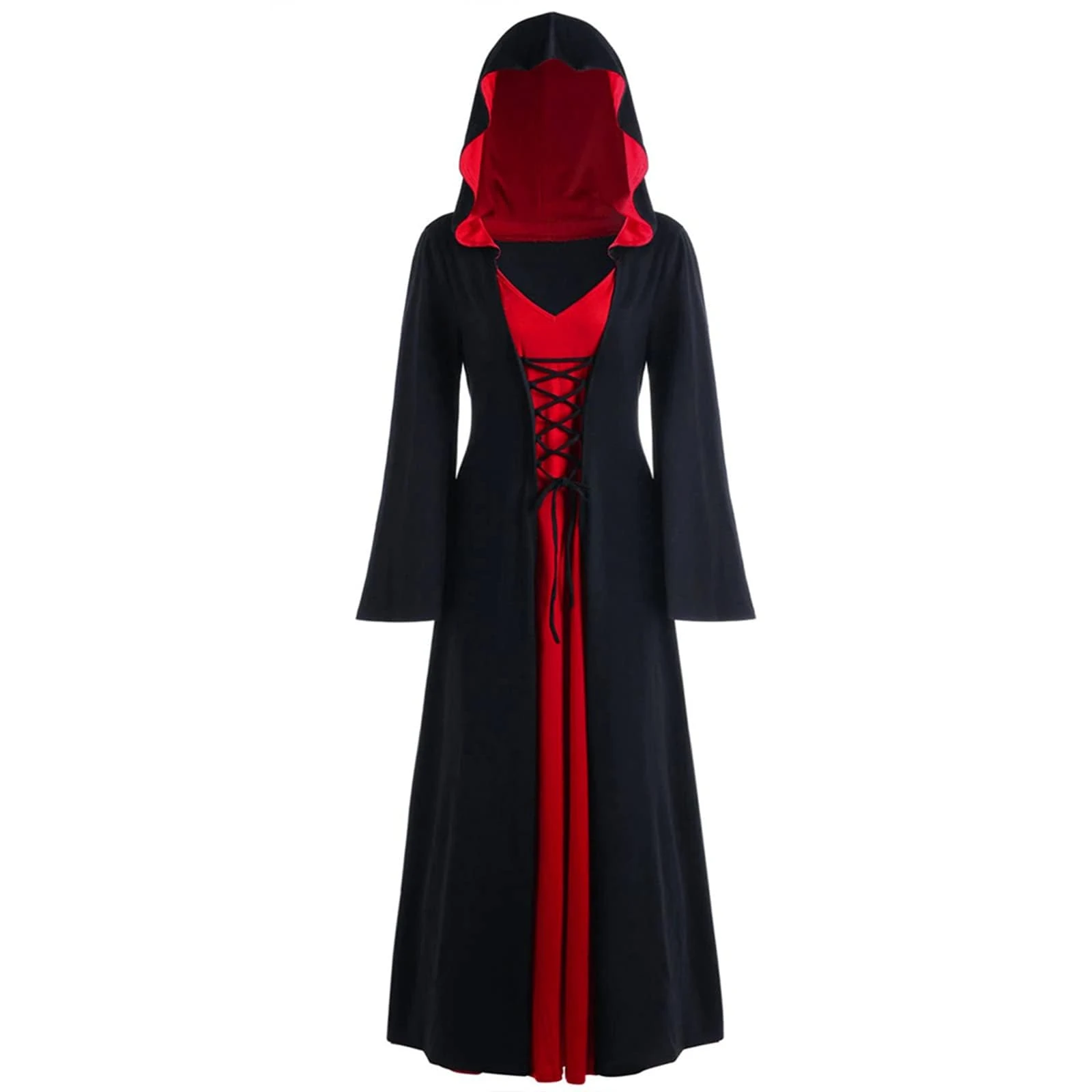 FSUJWOA Halloween Vintage Witch Dress, Witch Hooded Dress Witchs Costum, Womens Renaissance Medieval Costume (Black and red, L)