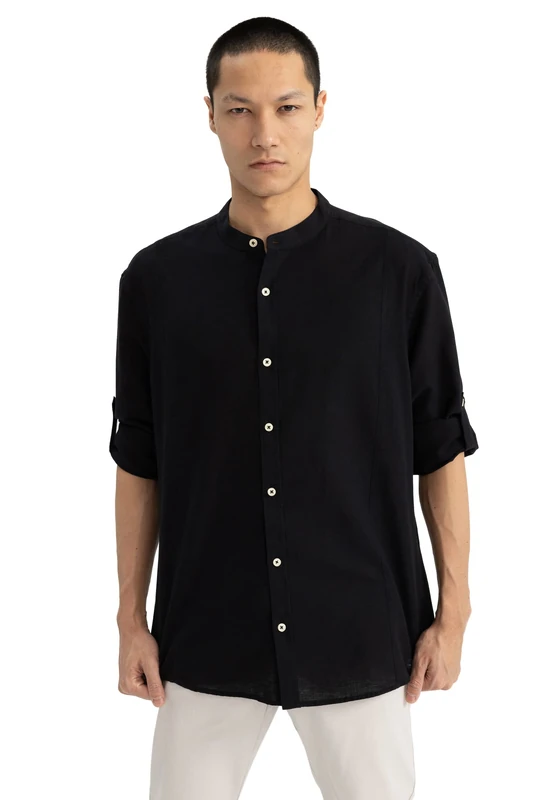 DeFacto Men's Long-Sleeved Shirt, Long-Sleeved Shirts for Men, Black, XS - Image 1