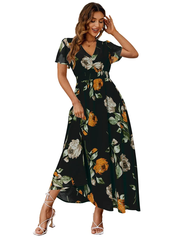 Simplee Women's Boho Floral Maxi Dress Flowy Casual V Neck Short Sleeve Wedding Guest Holiday Beach Long Dress, 1#Black-2, S