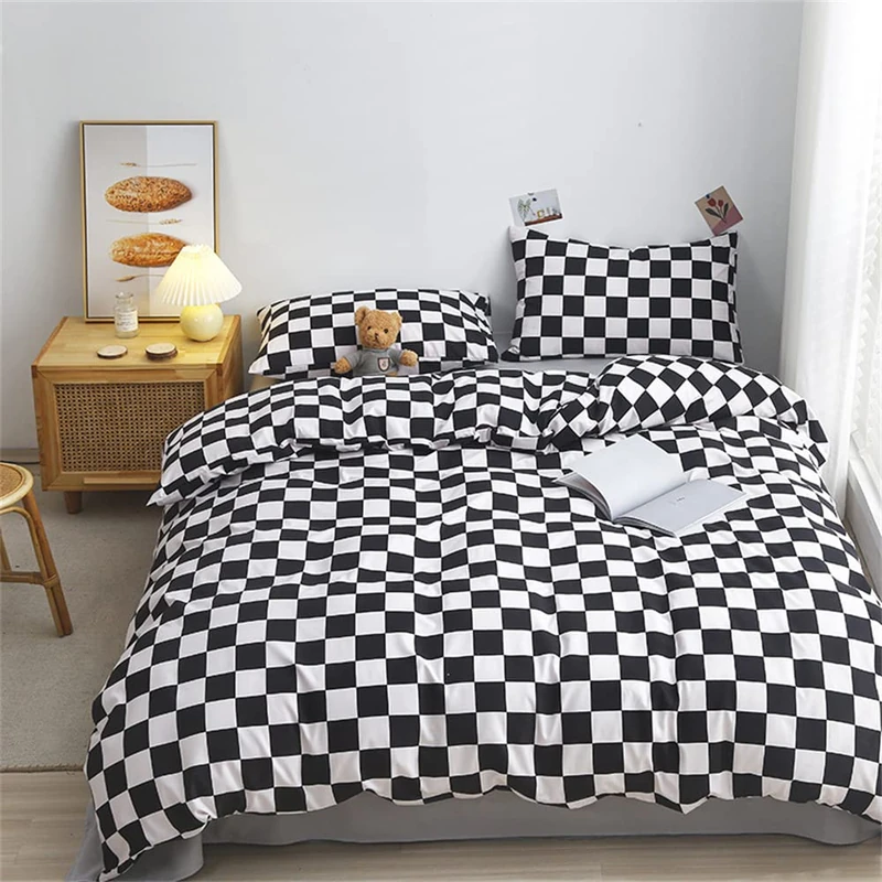 Wellboo Black Plaid Comforter Queen Black and White Checkerboard Grid Bed