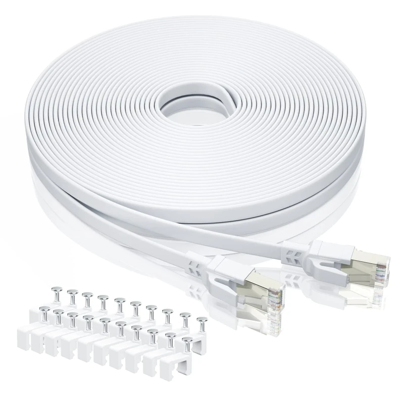 BAHIWOM Cat8 Ethernet Cable 20m with Clips, 40Gbps/2000Mhz High Speed Gigabit Lan Network Cable, Internet Cable Compatible with Router, with Modem, with PC, with Laptop - White