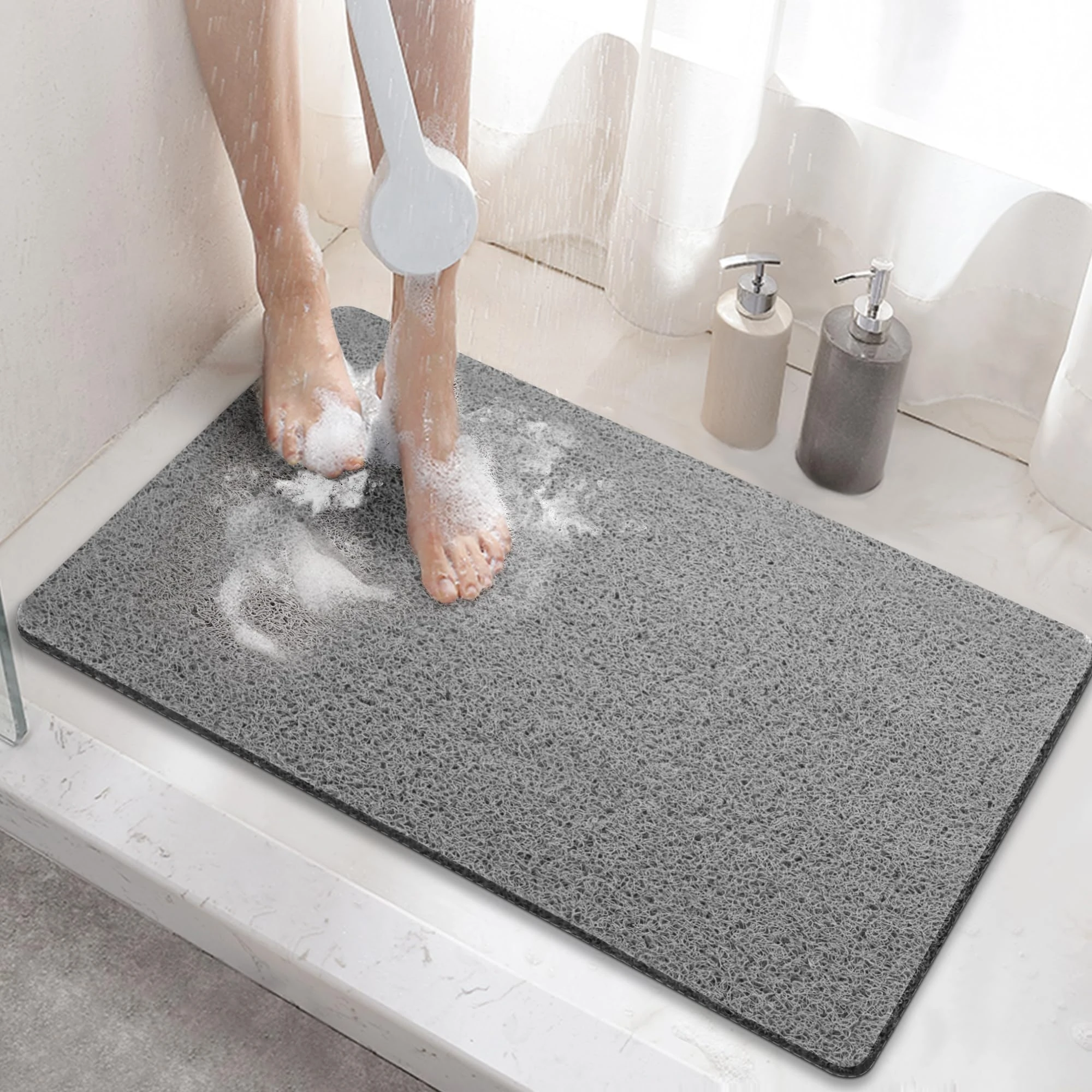 HITSLAM Shower mat Non Slip, 60 x 40 CM Non Slip Bath Mat with Drain, Soft PVC Loofah Shower Bath Mat for Tub, Quick Drying Shower Mat for Bathroom, Grey