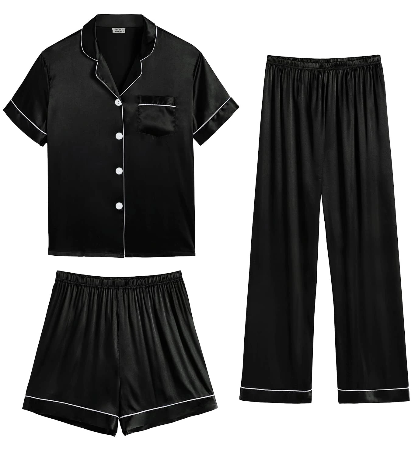 SWOMOG Womens Satin Pyjama Sets Ladies Silk Nightwear 3 Piece Short Sleeve Pj Set Button Down Sleepwear Set Loungewear A-black