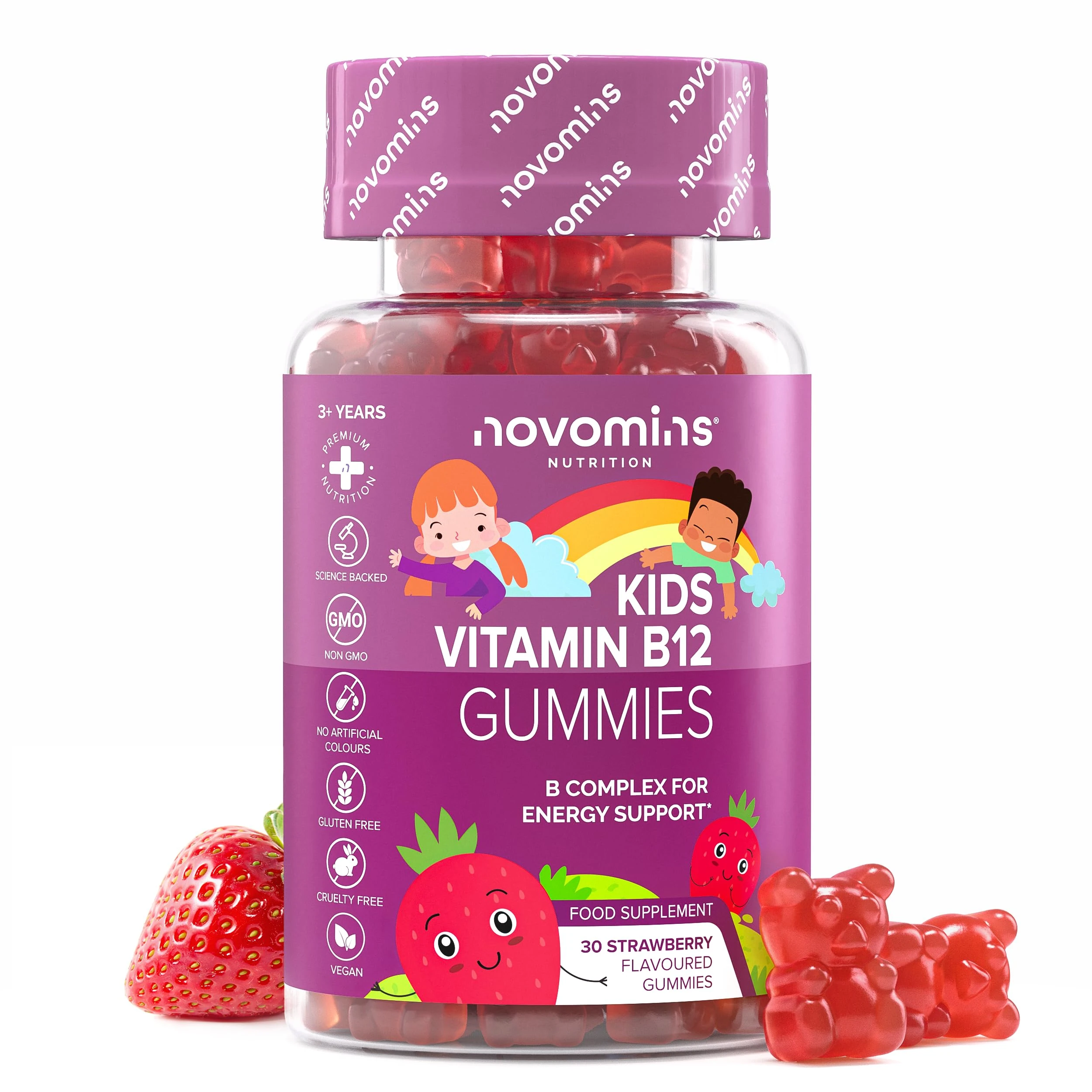 Kids Vitamin B12 Gummies - Vitamin B Complex - with B1, B2, B6, Biotin, Folic Acid - Energy & Metabolism Support - Alternative to Vitamin B12 Tablets - 30 Gummies - Vegan - Novomins
