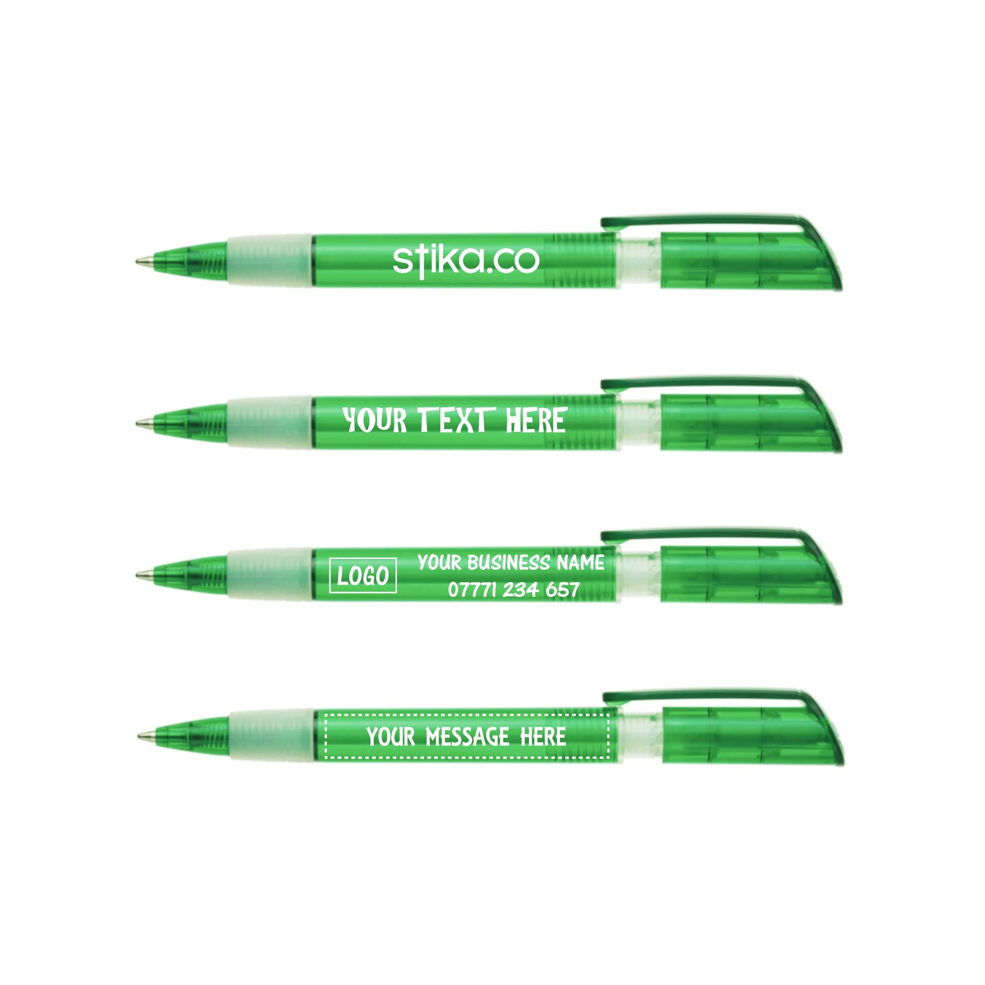stika.co Custom Printed S40 Green Transparent Grip Promotional Pens - Ballpoint Rubber Personalised Pens-Ideal for School, Work, and Events (120 Pens)