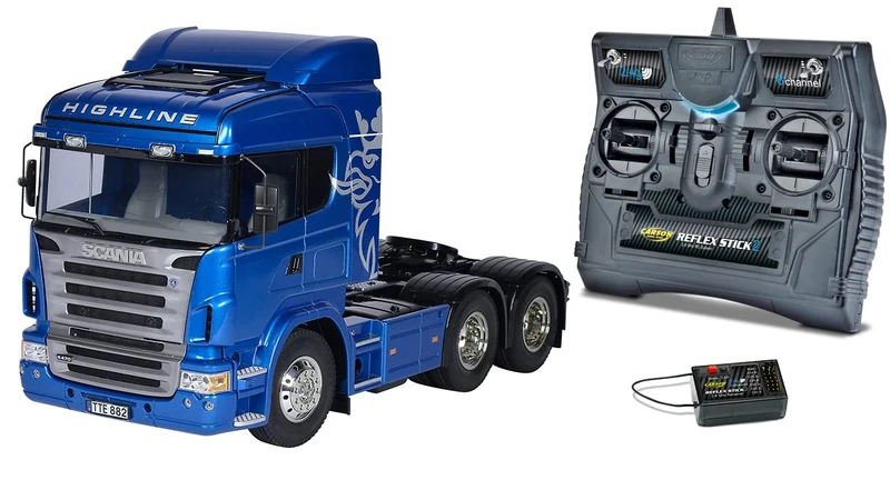 TAMIYA 56327 1:14 RC Scania R620 6x4 Highl.Blue Varnished Truck Bundle Including Remote Control (FS Reflex Stick II 2.4 GHz 6CH), RC Truck, Remote Controlled Truck, Model Building, Kit, Truck