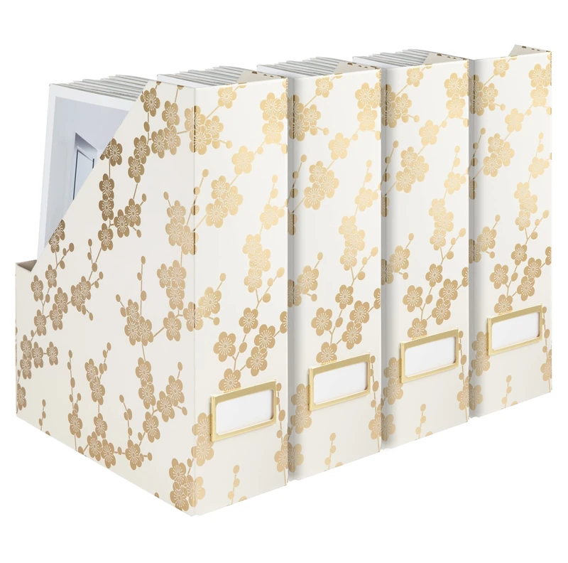 Blu Monaco Decorative Foldable Magazine Storage Boxes for Desk Set of 4 with Gold Floral Pattern and Gold Label Holder - Ideal Book Boxes or Vertical File Organizer Make Bookshelf Organization Easy