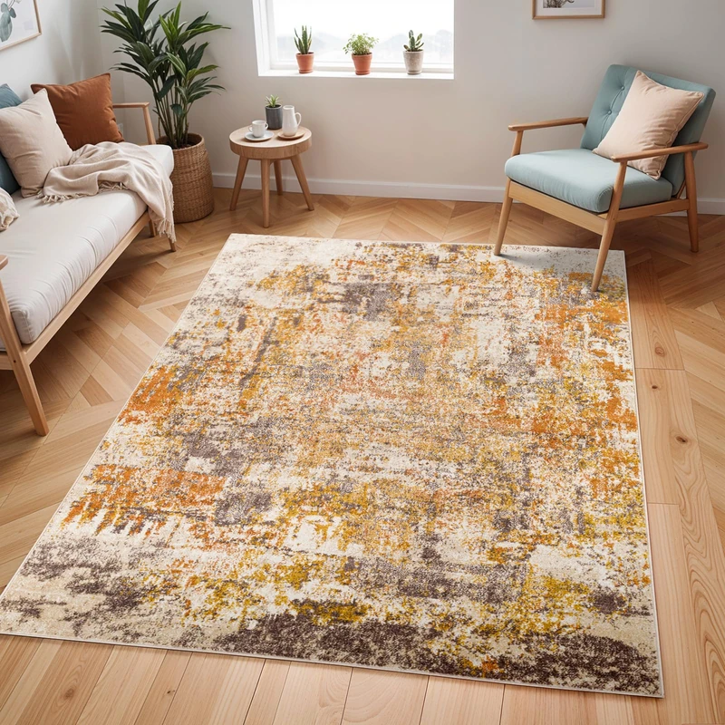 Livabliss Tervel Abstract Rug - Area Rugs Living Room 160x213 cm, Dining Room, Lounge, Kitchen, Bedroom - Modern Marble Large Rug, Soft Luxurious Easy Care Medium Pile, Orange, Mustard, Grey,Beige - Image 1