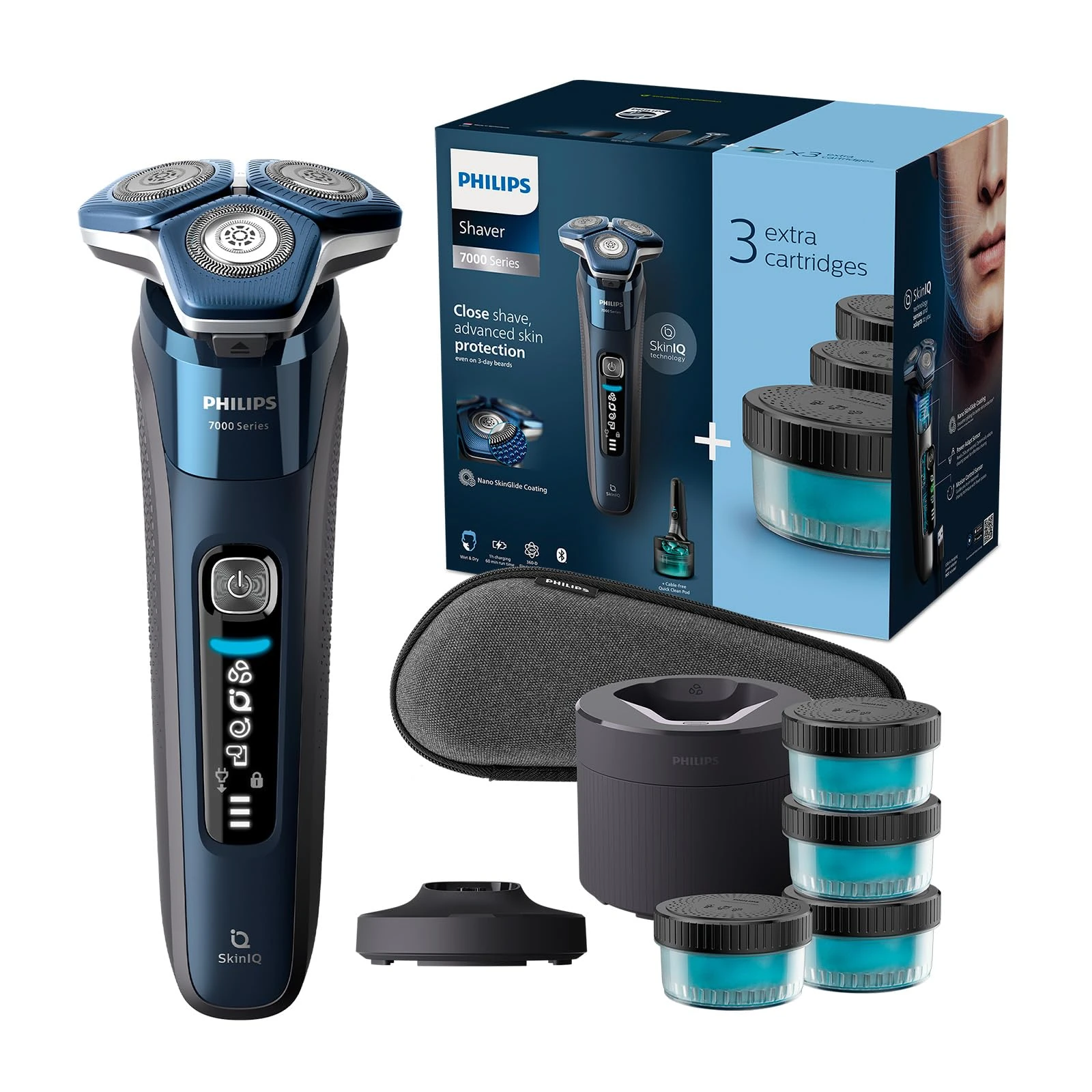 Philips Shaver Series 7000 - Wet & Dry Men's Electric Shaver with SkinIQ Technology, Razor with Pop-up Trimmer, Charging Stand, Travel Case, Quick Clean Pod and 4X Cartridges (Model S7885/63)
