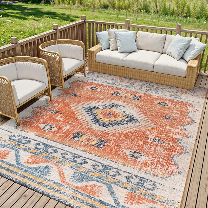 Livabliss Lusaka Indoor Outdoor Rug - Boho Runner Rugs for Living Room 80x150 cm Dining, Hallway Carpet, Patterned Neutral and Coloured Rugs, Waterproof, Stain Durable - Rust and Blue