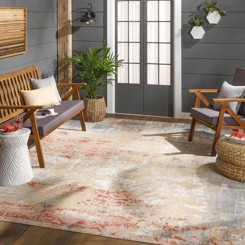 Livabliss Samira Miek Indoor Outdoor Floor Covering 160x213 cm – Boho Pattern for Living Room, Dining & Kitchen, Waterproof & Stain-Resistant, Rust & Blue - Image 1