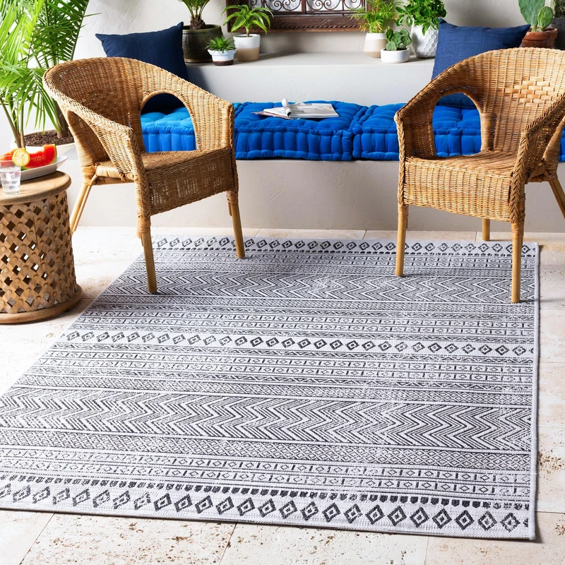 Livabliss Prague Indoor Outdoor Rug - Large Boho Rugs for Living Room 130x180 cm Dining, Kitchen Carpet, Patterned Neutral & Coloured Rugs, Waterproof, Stain Durable - Black, White